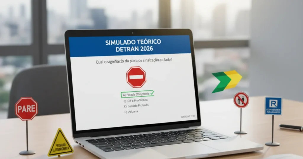 Notebook exibindo questões de simulado online para o DETRAN 2026, com foco em sinalização de trânsito, sobre uma mesa. Placas de trânsito em miniatura, como 'Pare' e 'Dê a Preferência', estão espalhadas, sugerindo um ambiente de estudo para a prova teórica de direção. Essencial para futuros motoristas brasileiros.