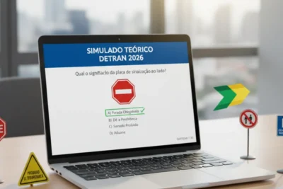 Notebook exibindo questões de simulado online para o DETRAN 2026, com foco em sinalização de trânsito, sobre uma mesa. Placas de trânsito em miniatura, como 'Pare' e 'Dê a Preferência', estão espalhadas, sugerindo um ambiente de estudo para a prova teórica de direção. Essencial para futuros motoristas brasileiros.