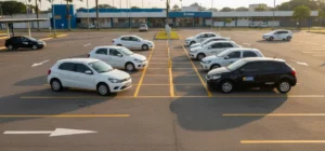 Pátio de baliza do Detran vazio e calmo, com carros estacionados perfeitamente nas vagas, indicando o fim das provas e o encerramento do expediente no Brasil.