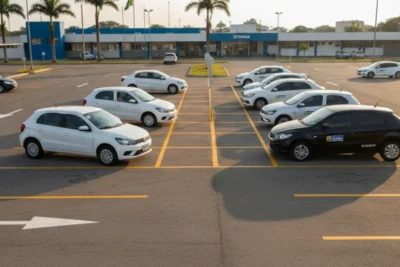 Pátio de baliza do Detran vazio e calmo, com carros estacionados perfeitamente nas vagas, indicando o fim das provas e o encerramento do expediente no Brasil.