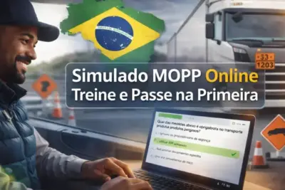 Motorista de caminhão fazendo simulado MOPP online no notebook com questão sobre produtos perigosos e caminhão ao fundo