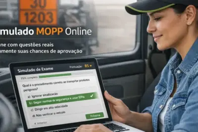 Motorista profissional de caminhão no Brasil utilizando um notebook dentro da cabine para realizar um simulado MOPP online, com interface em português exibindo questão sobre transporte de produtos perigosos, barra de progresso em 75% e resposta correta destacada.
